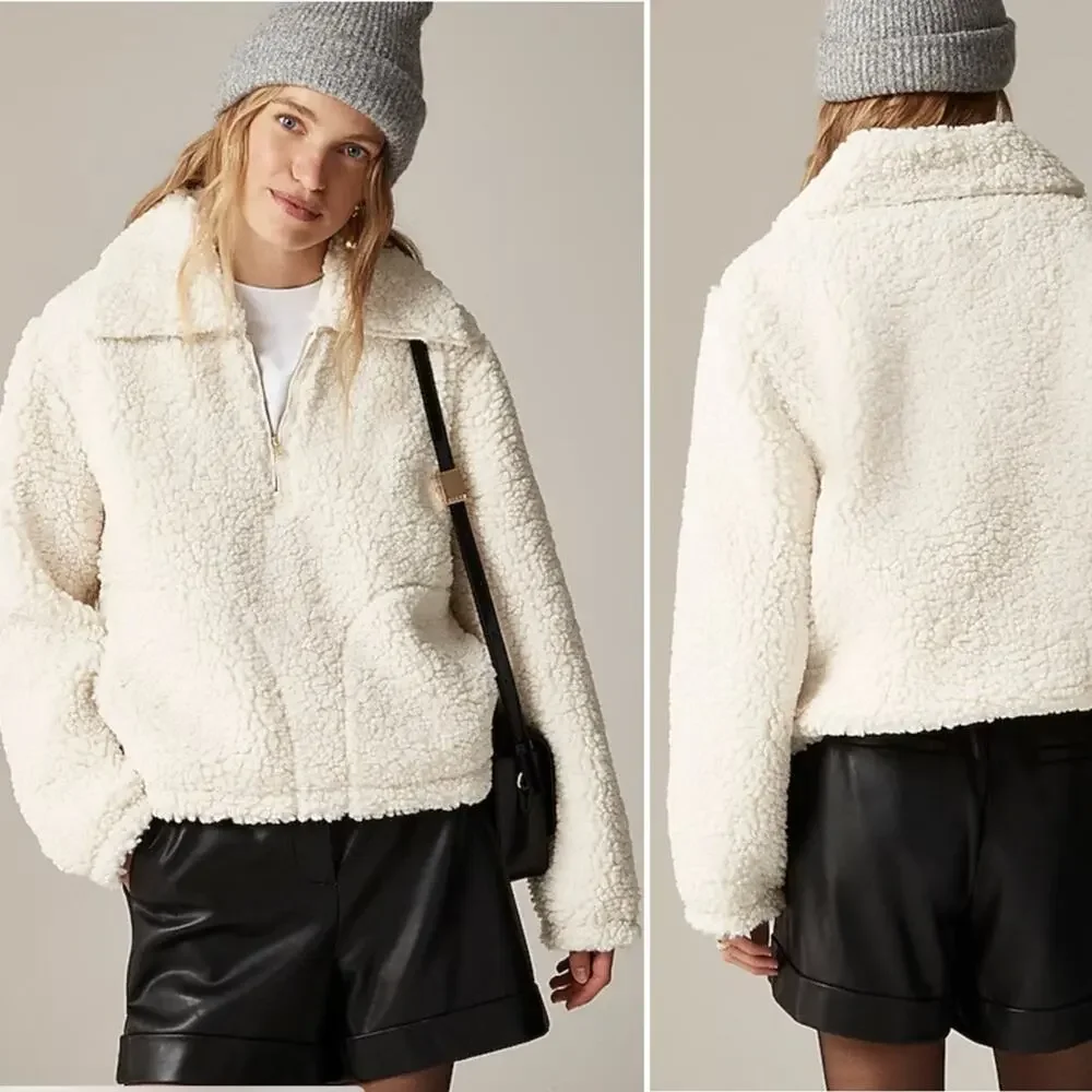 J.CREW Sherpa Half Zip Fleece Pullover Natural Cream Fuzzy Soft Size Small NEW